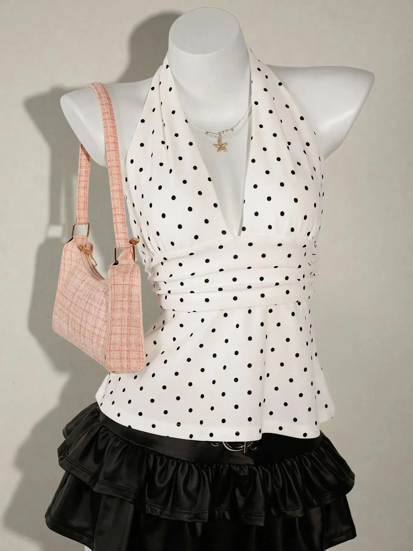 Ladies Polka Dot Backless Strap Top with Waist Pleating Design Adjustable Neck Strap Backless Strap Ladies Shirt — image 6