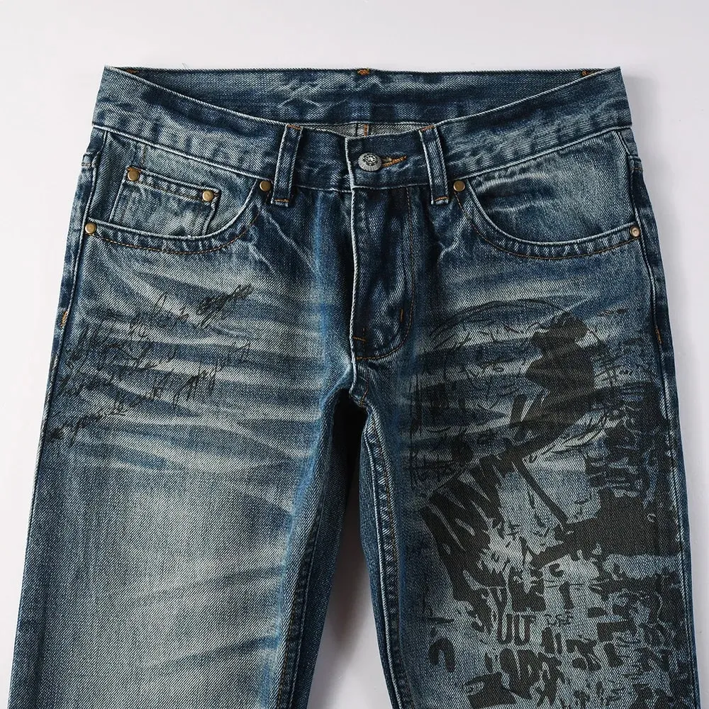 Men's Boot Cut Denim Jeans Slim Flared Pants Blue Stretch Long Trousers High-Quality Pattern Print — image 3