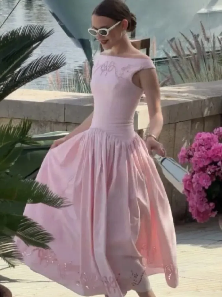 Chic Vintage White Boat Neck Dress Embroidered Cap Sleeve Cutwork Hem High Waist Flowy A-line Gown 2026 New Evening Party Outfit — image 4