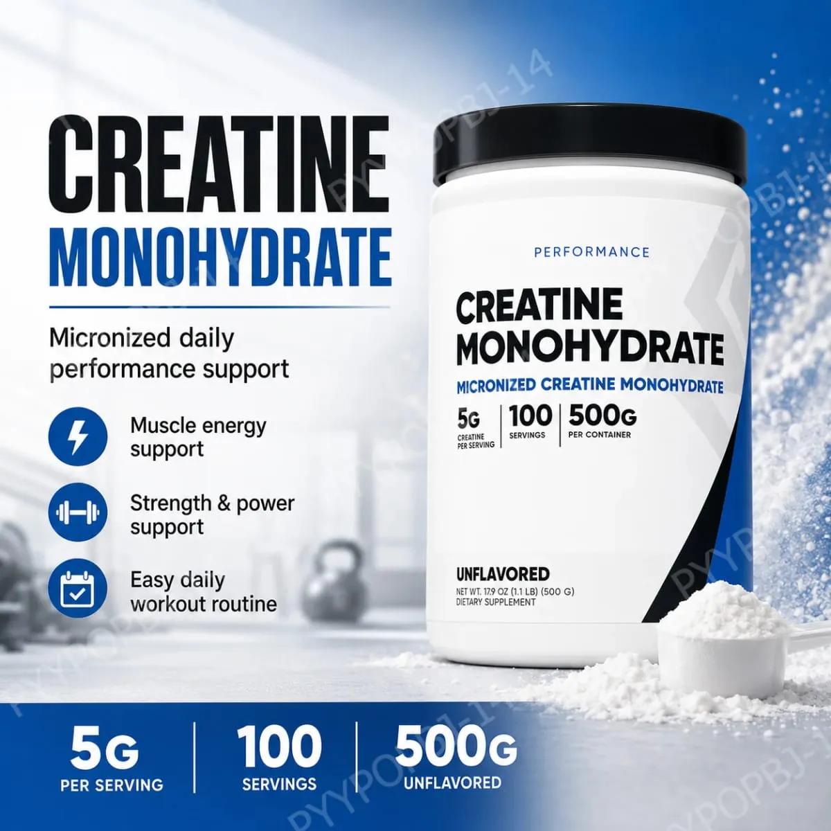 Creatine Monohydrate Micronized Powder Unflavored 5g Per Serving 100 Servings Muscle Energy Strength Power Support 500g