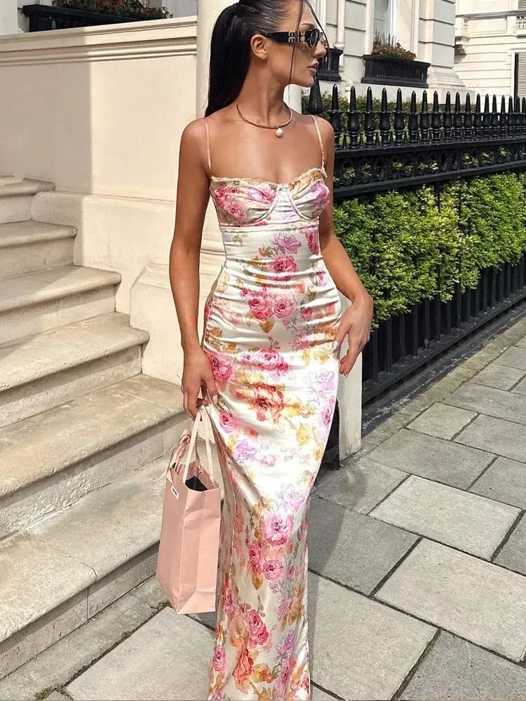 Suninheart Yaz Spagetti Kayışı Çiçek Baskı Parti Elbiseler Zarif Maxi Bodycon Düğün Konuk Tatil Elbise Yeni Elbise 2023 — image 1