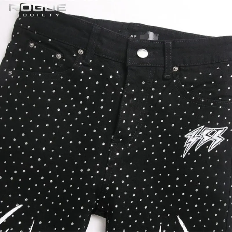 Punk Flame Rhinestone Jeans Men Harajuku Black High Street Elastic Streetwear Y2K Grunge HipHop Casual Denim Pants Unisex Edgy — image 3