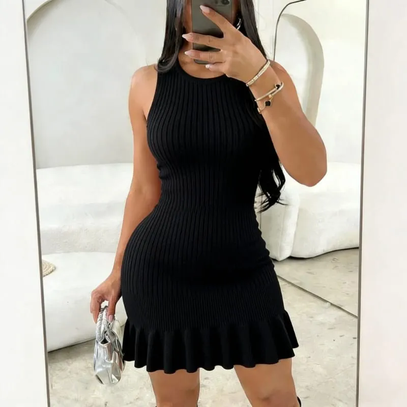 Women's Green Sleeveless Halter Neck Sundress Stretchy Ribbed Knit Ruffle Bodycon Mini Dress Casual Party Clubwear Short Dress — image 3