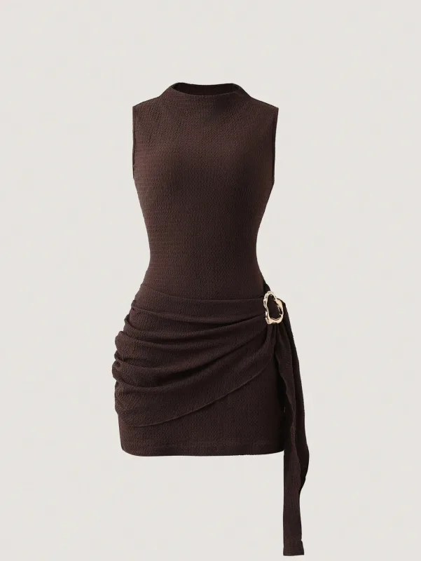 Women's Elegant Texture Fabric Pleating Waist Sice Ribbon Slim Fit Mini Dresses Casual Metal Buckle Solid Color Dress Summer — image 7