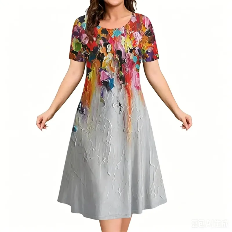 2026 New Women Dresses 3D Flowers Pattern Print Short Sleeve Loose Dress Casual Fashion A-Line Dress Summer Plus Size Dresses — image 4