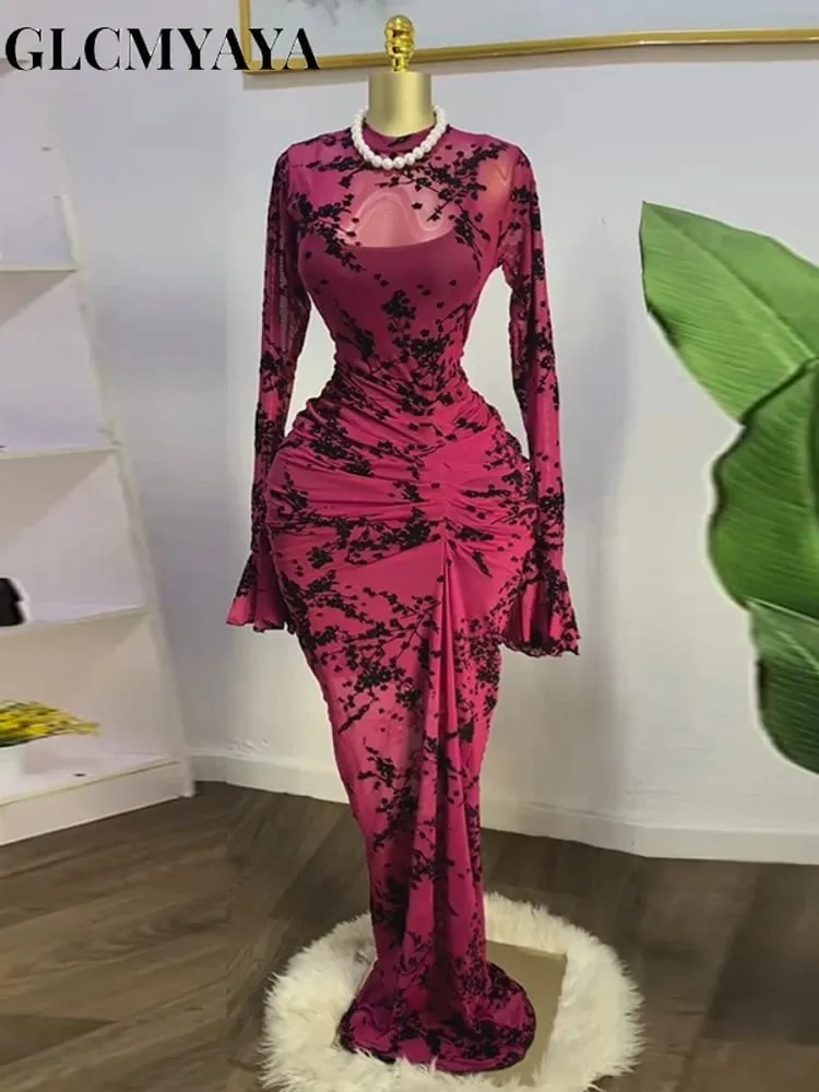 CM.YAYA 2025 Women Long Sleeve Ruched Mesh See Though with Lining Bodycon Long Dress Fall Evening Birthday Sexy Party Dresses — image 2