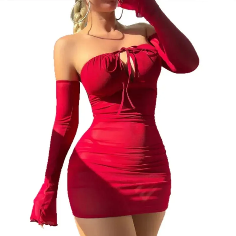 Sexy Beauty Transparent Bra Lace-Up Tight Dress With Gloves Lingerie Sets Women Off-the-shoulder Sexy Underwear Pajamas — image 6