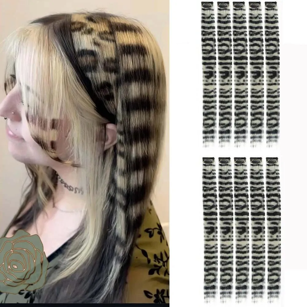 10pcs/set Stripe Printed Hair Colorful Long Straight Hair Pieces Synthetic Clip-in Hair Extensions for Daily Use Party Christmas — image 11