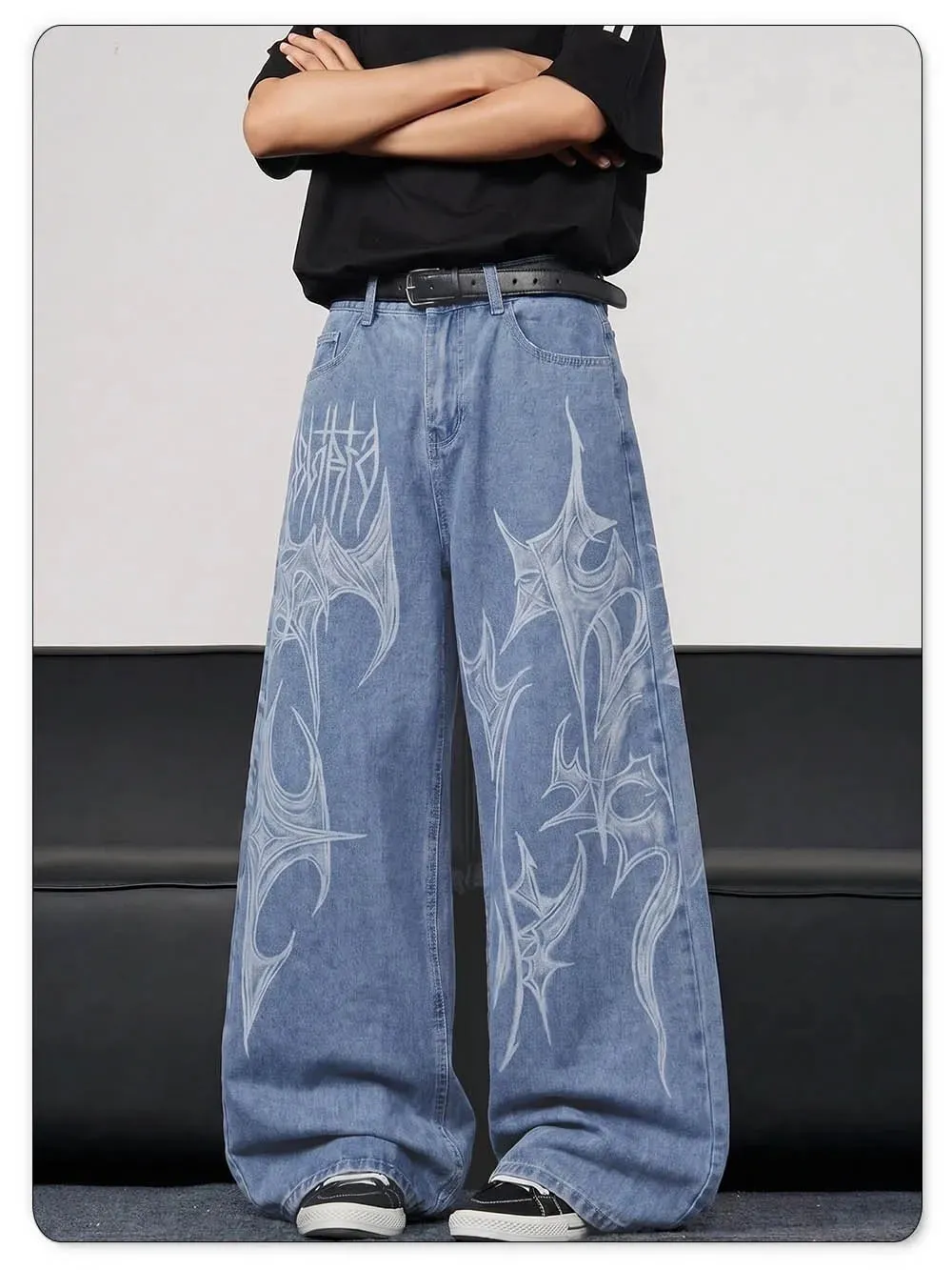 Ανδρικά casual σπιράλ γκράφιτι με στάμπα Hip Hop Oversized φαρδύ τζιν με φαρδύ πόδι Trendy Casual Slop Lazy Street Daily Denim Παντελόνι — image 3