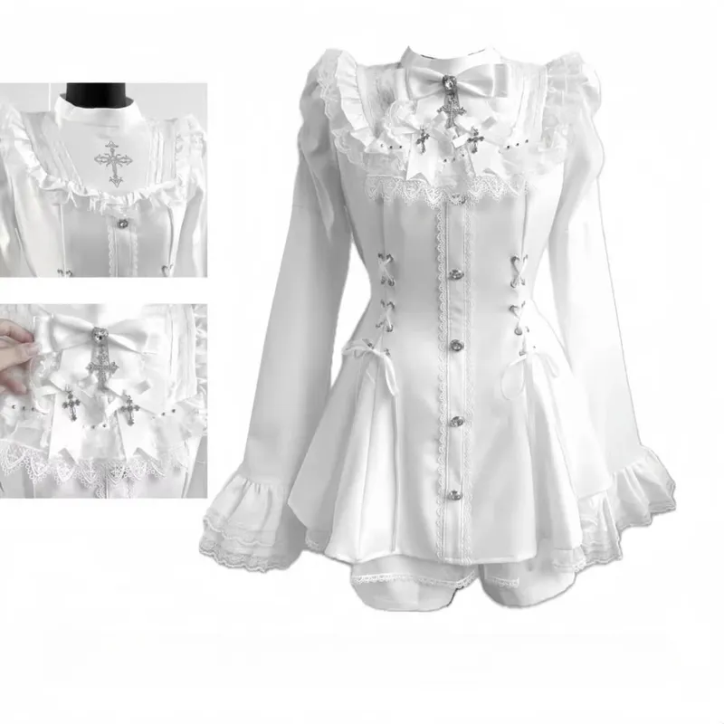 Sweet Lolita Style Lace Pearl Cute Print Shirt Dresses Japanese Kawaii Bow Dress Set Gothic Y2k Tea Party Women Dress 2025 New — image 12