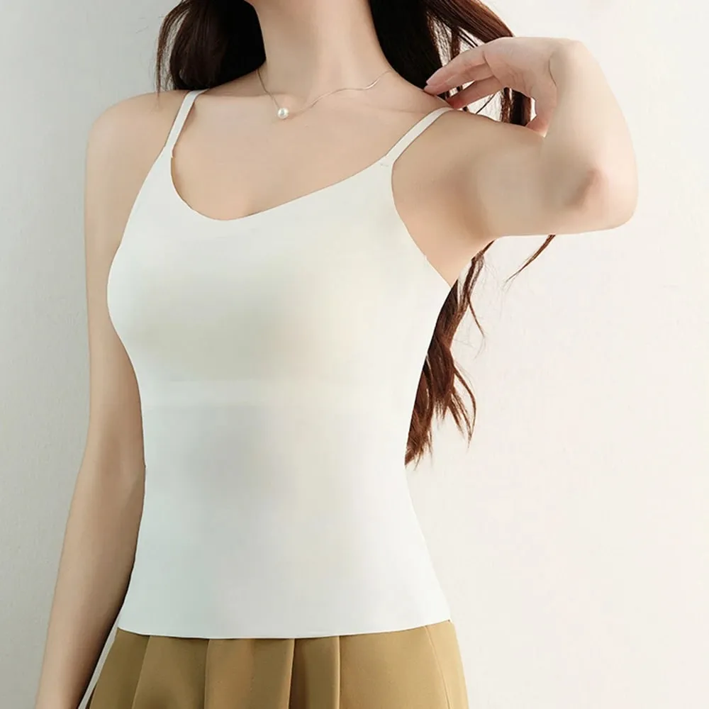 Fashion V-Neck Ice Silk Seamless One-piece Bottoming Tank Tops With Chest Pads Women Inner Top Beautiful Back Sling Long Vest — image 3