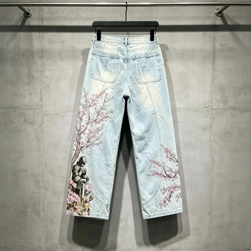 Blue Vescartes Cherry Blossom Knight Loose Straight Jeans High Quality Men Women Streetwear Fashion Denim Trousers Leather Label