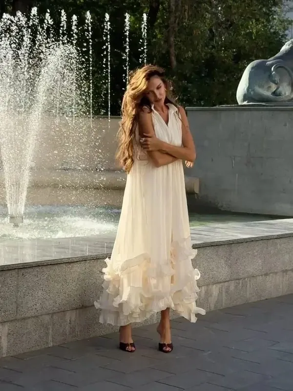 Women Solid Ruffle Maxi Dress Fashion Lapel High Waist V-neck Sleeveless Pleated Chic Dresses 2026 Summer Lady Evening Robes