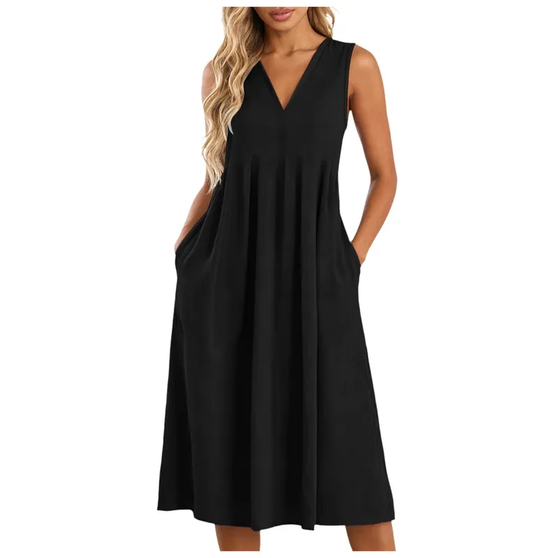 Women Sleeveless Linen Midi Dress Loose V Neck Summer A Line Sundress Lightweight Casual Swing Tank Dresses With Side Pockets