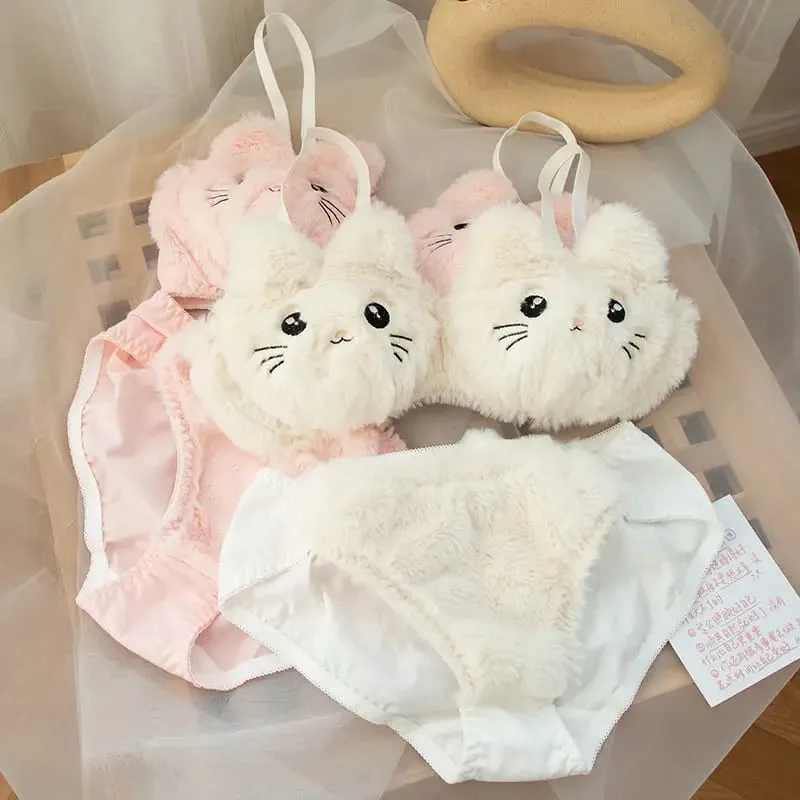 Conjunto de sujetador japonés Kawaii de felpa para mujer, Conjunto de sujetador cómodo con bonito gato para chica, ropa interior de dibujos animados, lencería suave y encantadora para estudiantes