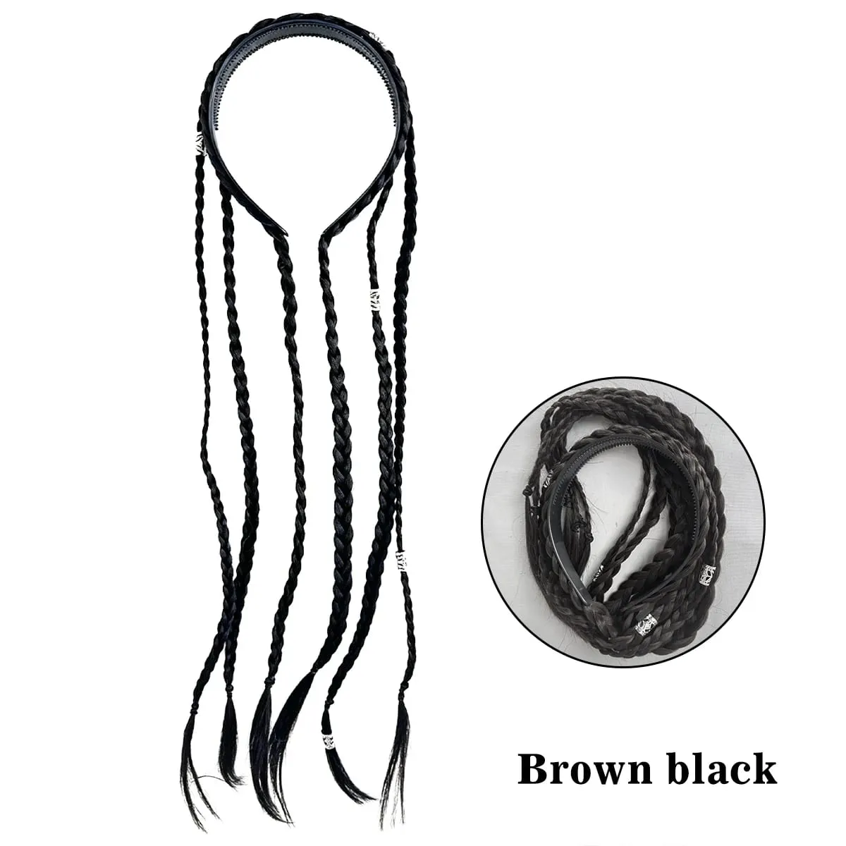 Synthetic Braided Headband Wig Braids Hairband With Decorative Silver Rings Long Box Braid Headband Hairpieces For Women Daily — image 8