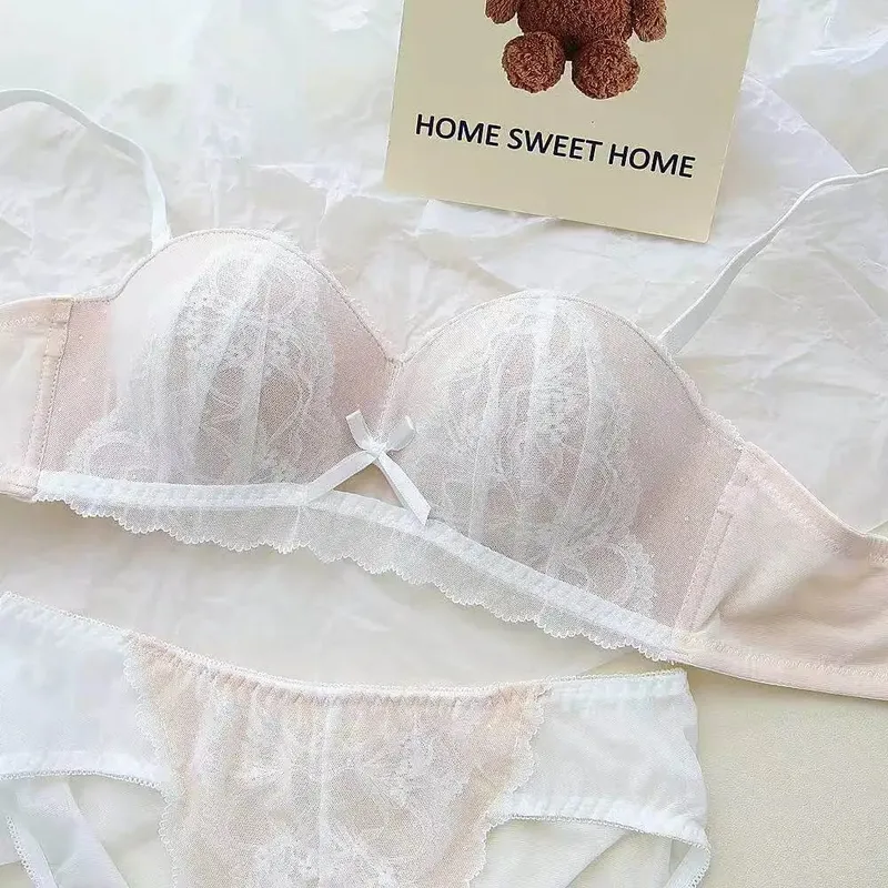 French Lace Half Cup Bra Set Wireless Push Up Small Breast Enhance Lift Anti Sagging Comfort Sexy Lingerie Set for Women