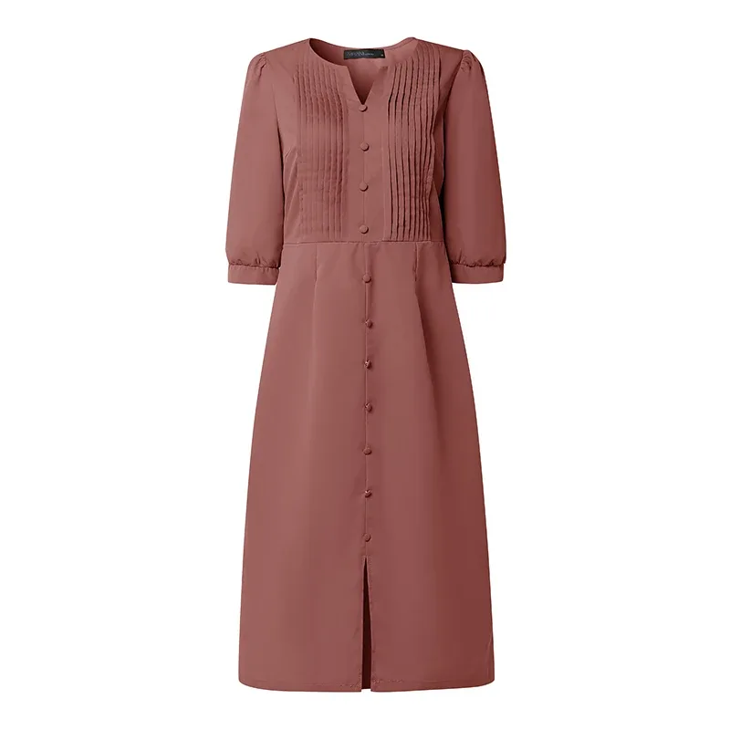 2026 ZANZEA Stylish Split Hem Dress Women Summer Sundress V Neck Half Sleeve Holiday Midi Robe Casual Solid Color Work Dresses — image 8