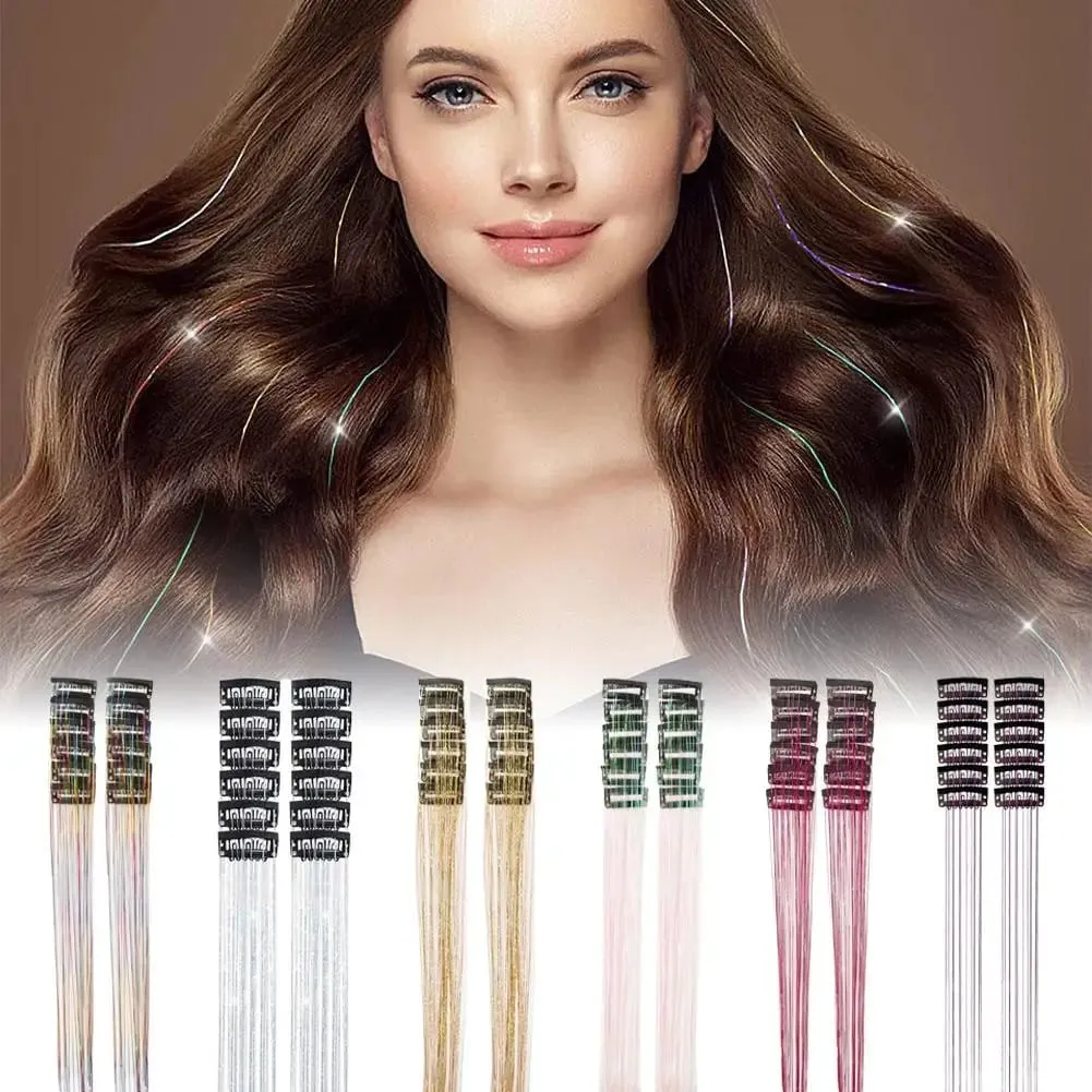 12Pcs Hair Tinsel Clip Glitter Tinsel Hair Extensions Synthetic Clip In Sparkle Music Girl Women Festival Party Hair Accessories