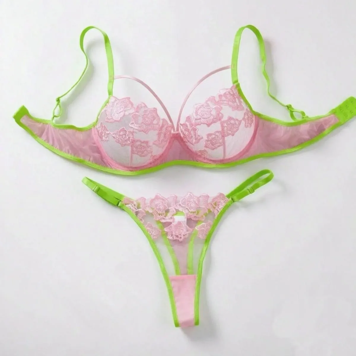 Women Contrast Color Floral Lace Lingerie Set Sheer Mesh Underwire Bra Adjustable Thong Romantic Rose Embroidery ZA826311 — image 1