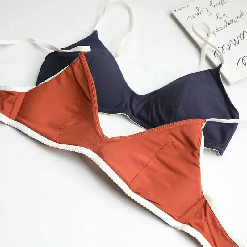 Sexy Women Underwear Set French Thin Cup Deep V Push Up Bra Summer Solid Wire Free Comfort Seamless Lingerie and Bra Briefs Set