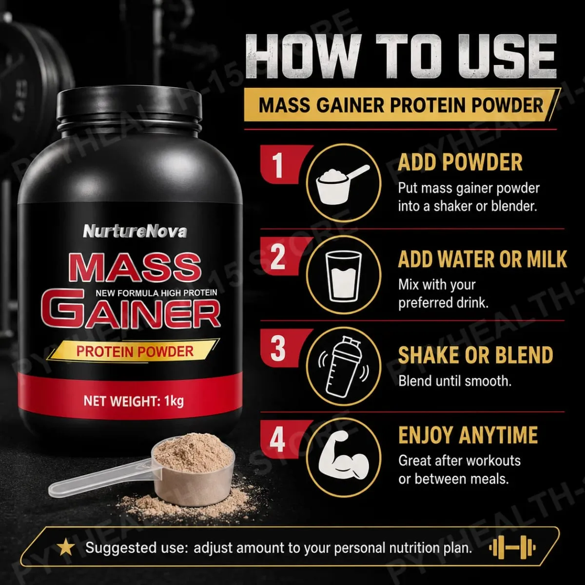 Mass Gainer Protein Powder 1kg Chocolate Flavor Carb Protein Shake Mix for Adults Fitness Nutrition Approx 20 Servings — image 6