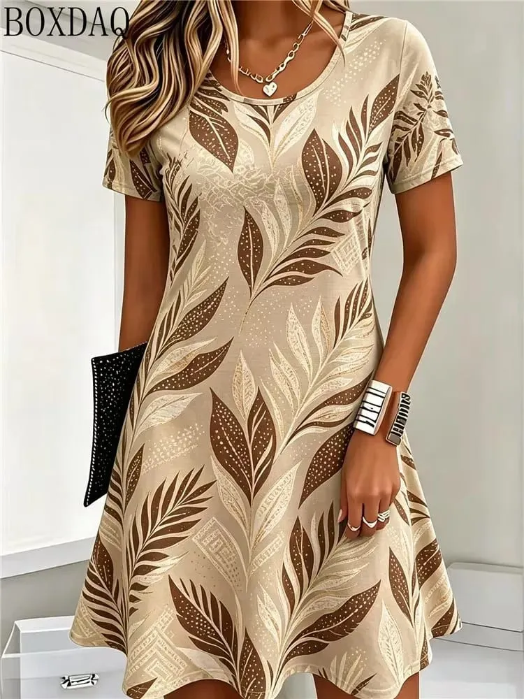 Casual Summer Women's Dresses Loose Short Sleeve Round Neck Leaf Pattern Printed Dress — image 2