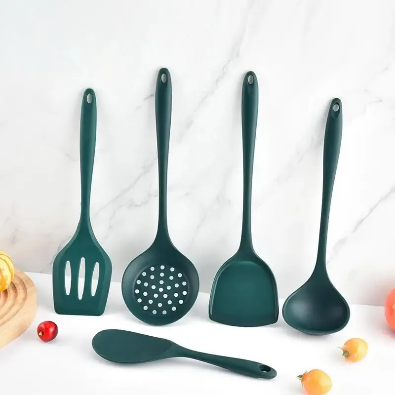 5Pcs Food Grade Silicone Kitchen Utensils Set Heat Resistant Non-Stick Spatula Ladle Slotted Spoon Cooking Tools Green — image 1