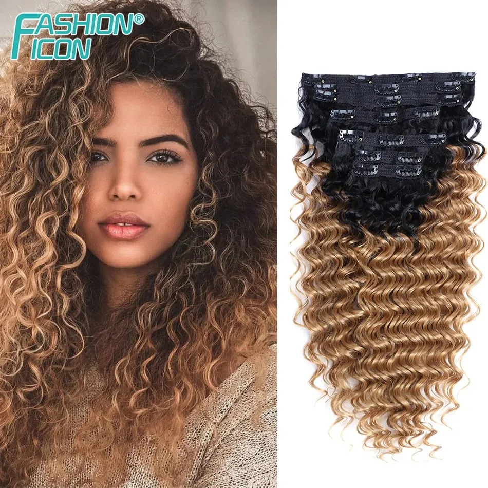24 Inch Deep Wave Clip In Hair Extensions Synthetic Ombre 7Pc/140g Full Head Curly Hairpieces Heat Resistant Fake Hair for Women — image 8