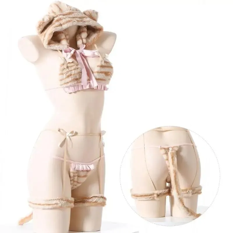 Anime Lingerie Set Tigers Cosplay Lingerie Costumes Fuzzy Bra and Panty Set with Cap Tigers Tail Sleepwears — image 3
