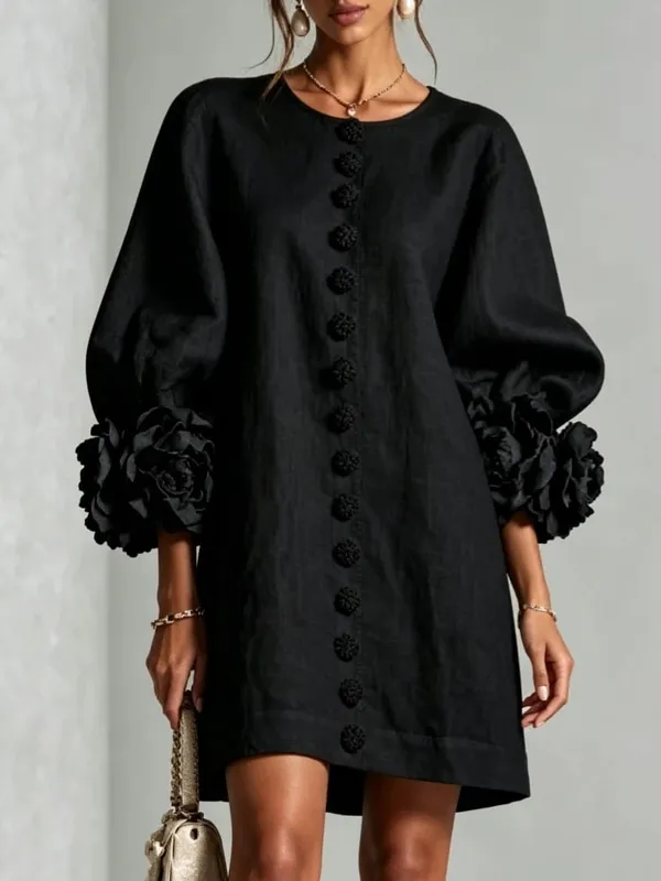 Women Linen Mini Dress O Neck Puff Long Sleeve 3D Flower Cuff Decor Flower Button Loose Casual Short Dresses for Party Vacation — image 12