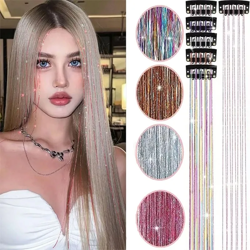 12Pcs Clip Hair Tinsel Clip in Glitter Tinsel Hair Extensions Synthetic Heat Resistant Shiny Sparkle Hair Tinsel for Women Girls — image 2