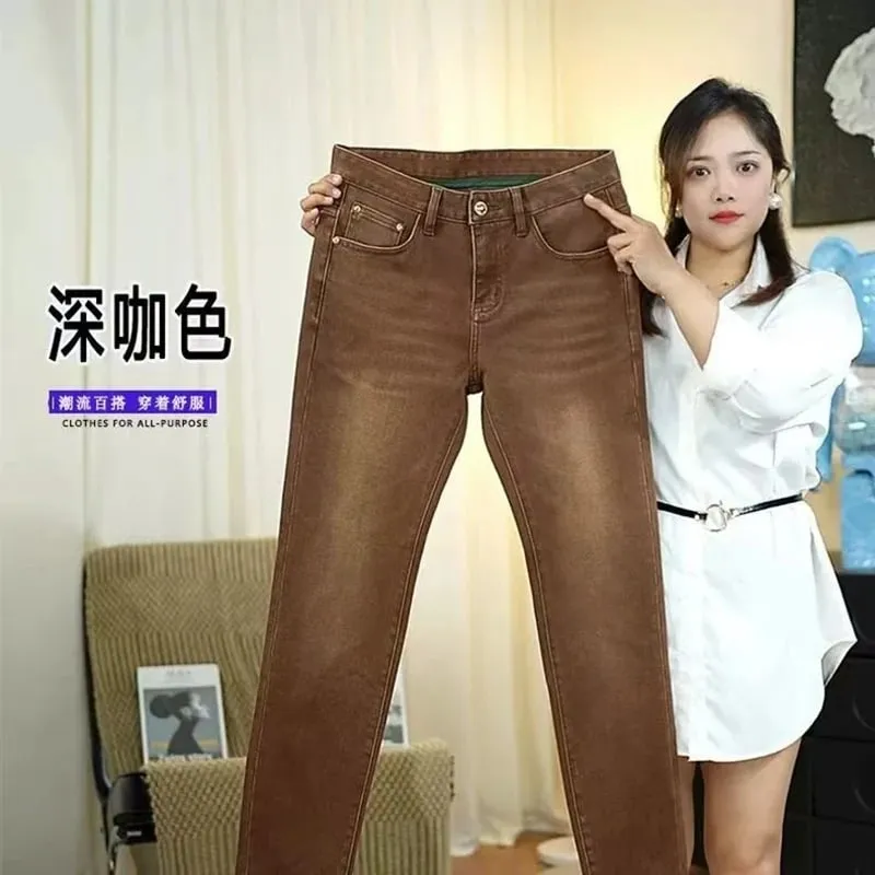 2026 New High-end High-quality Denim Brown Baggy Cotton Elastic Jeans Retro Nostalgic Men's Vintage Straight-fit Trousers