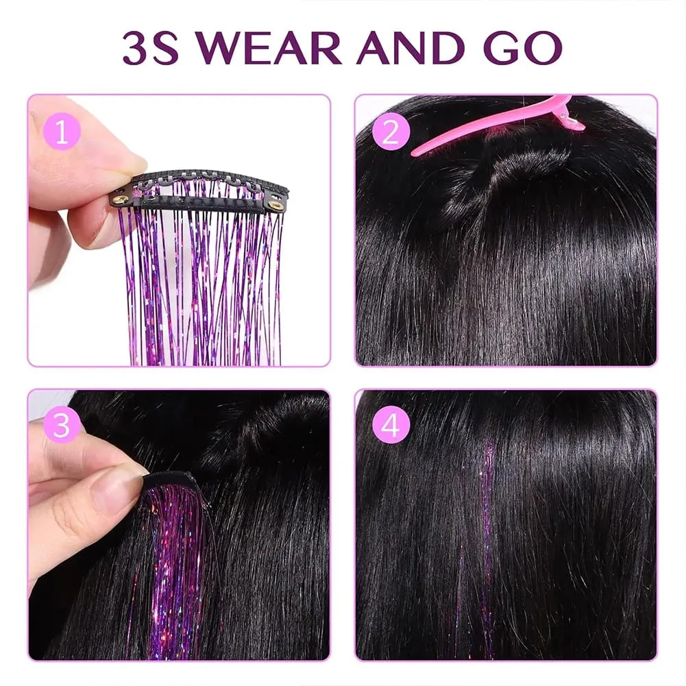 Clip in Hair Tinsel 12Pcs Purple Glitter Hair Extensions Synthetic Shiny Metallic Hair Strands Fairy Hair Tinsel Clip On Hair — image 2
