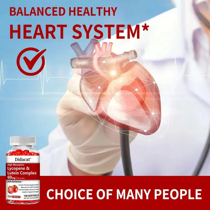 Lycopene & Lutein Complex 60mg Capsules with Bioperine Antioxidant Supports Prostate Heart Eye & Urinary System Health