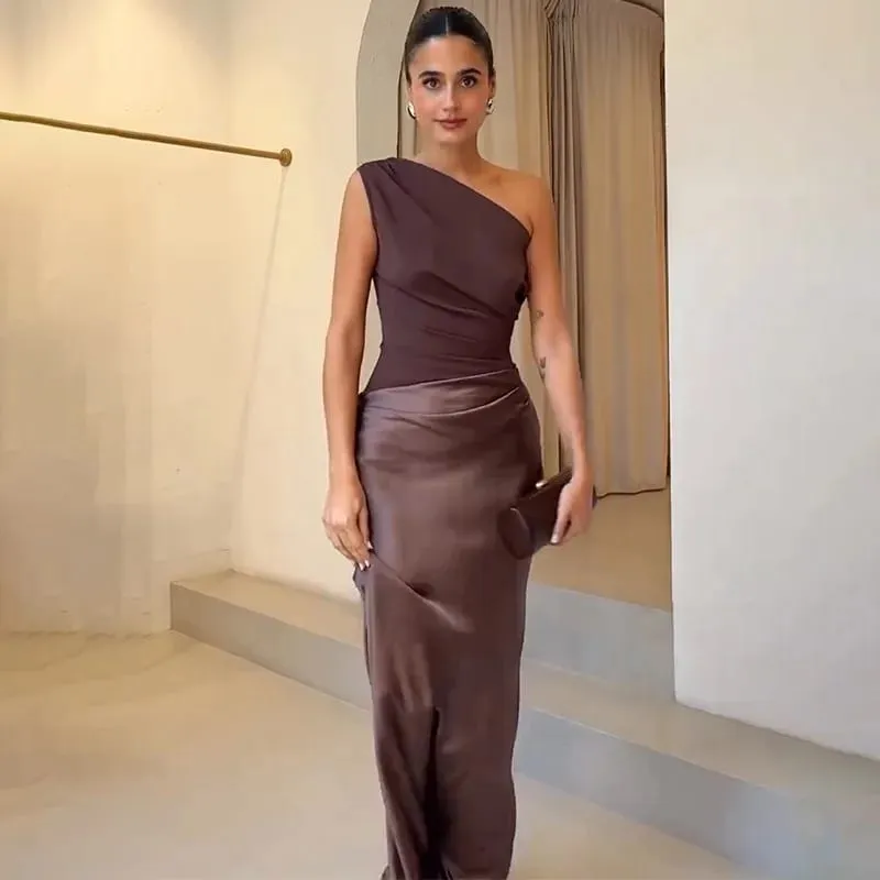 Patchwork Satin Sexy Dress Women One Shoulder Brown Sleeveless Evening Maxi Dress 2025 New Summer Elegant Party Clubwear Dresses
