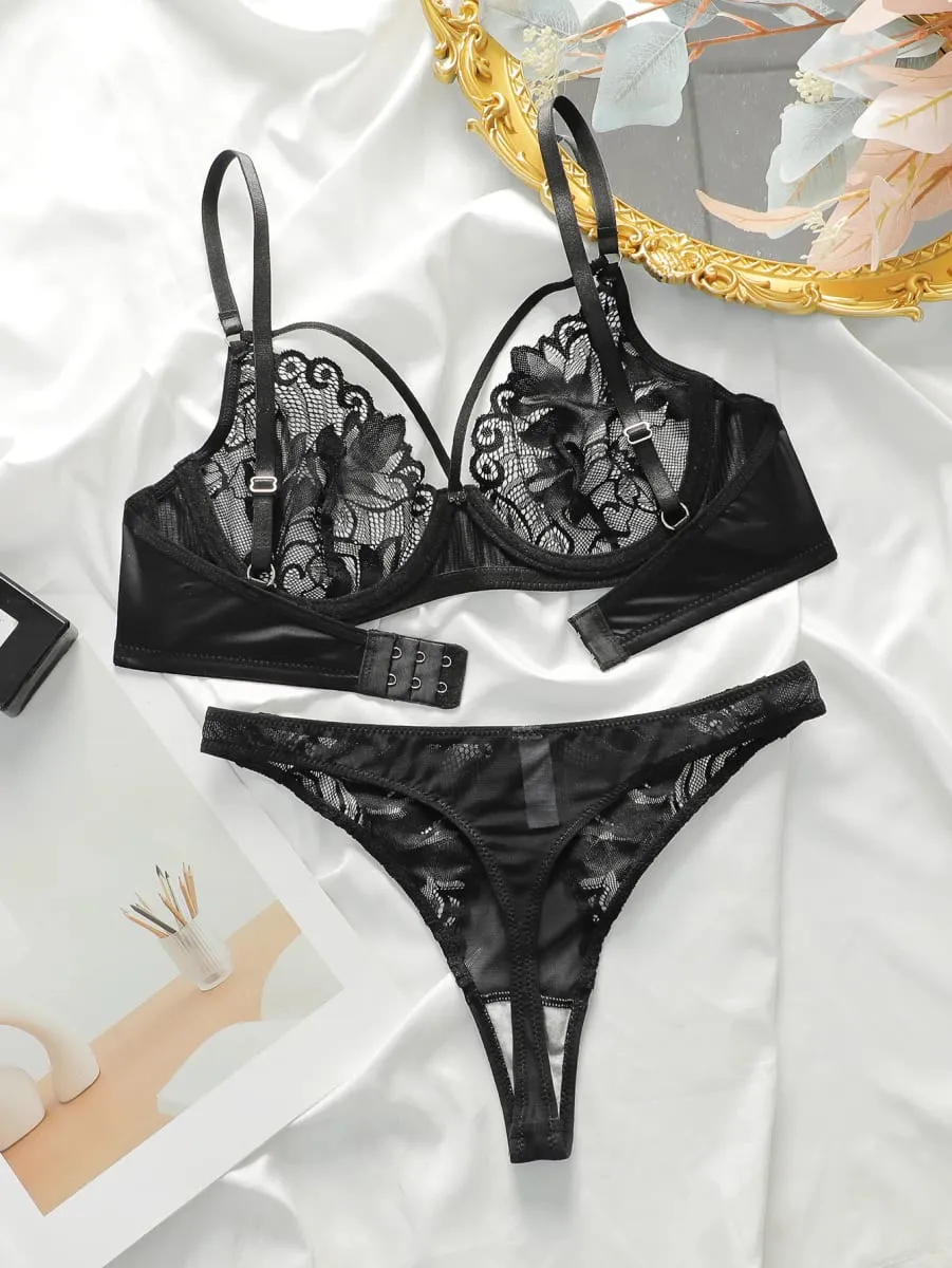 Sexy Black Lace Underwire Unpadded Bra & Panty Set Demi Cup Push Up Bras for Women Matching Lingerie Set Valentine's Day
