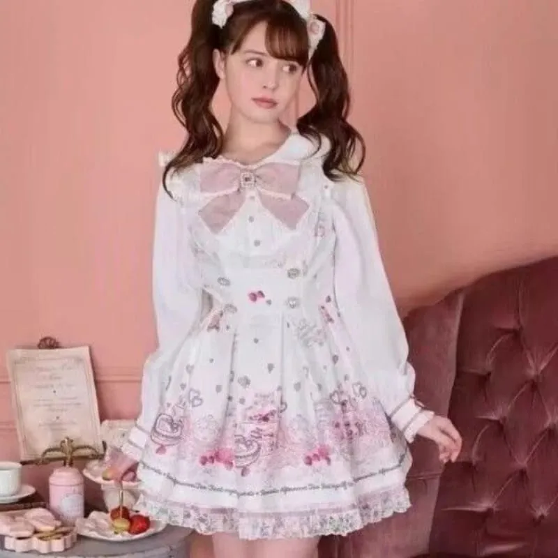 Japanese Kawaii Rhinestone Bow Dress Set Women Sweet Cute Lolita Style Lace Pearl Print Shirt Dresses Gothic Y2k Tea Party Dress — image 6