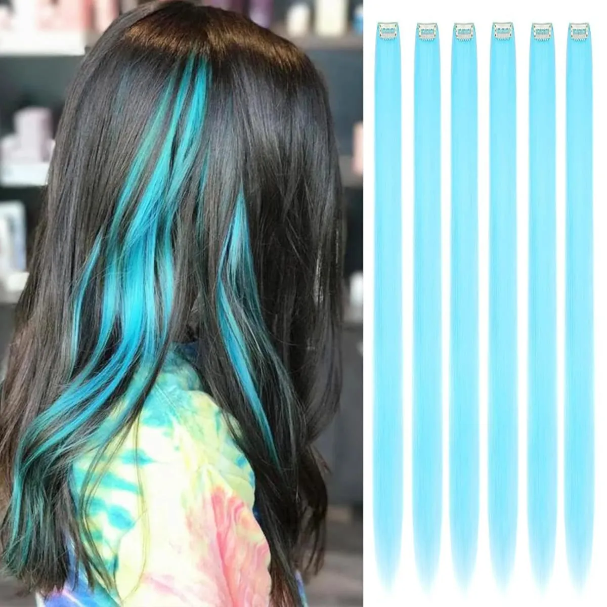 6 Pcs Clip Ins Hair Extensions 22 Inch Straight Colorful Clip In Hair Extensions Rainbow Party Highlights Synthetic Hairpiece — image 29