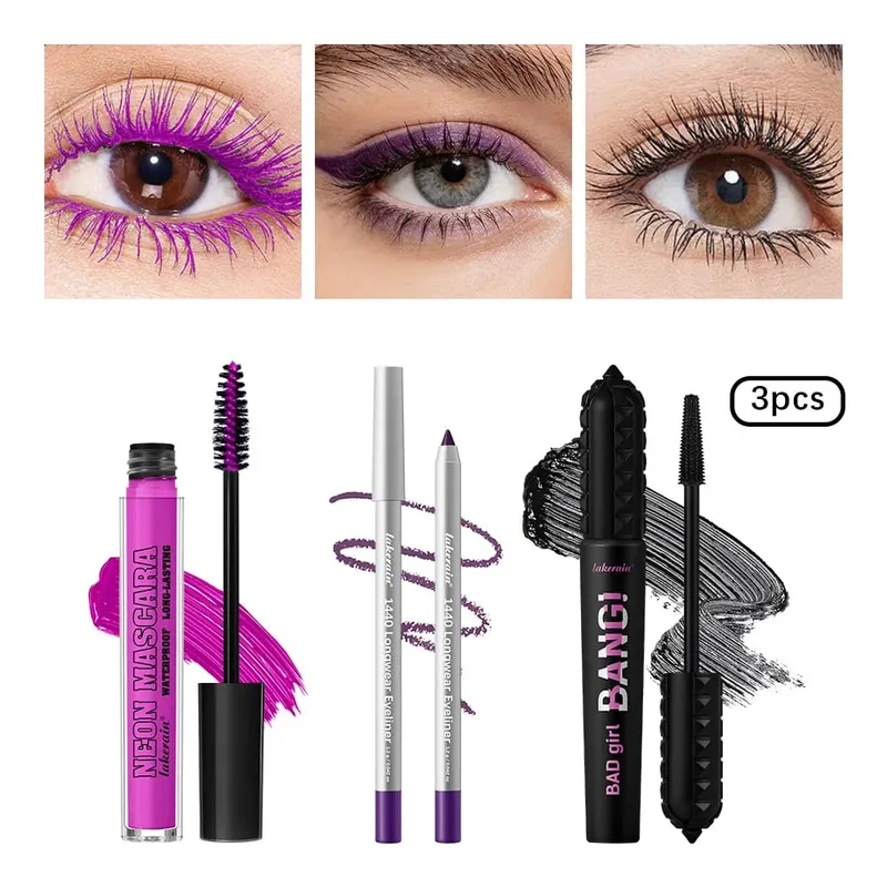 3Pcs Eye Makeup Set Purple Mascara Black Volume Mascara Eyeliner Pencil Waterproof Long Lasting Party Festival Eye Cosmetic Kit