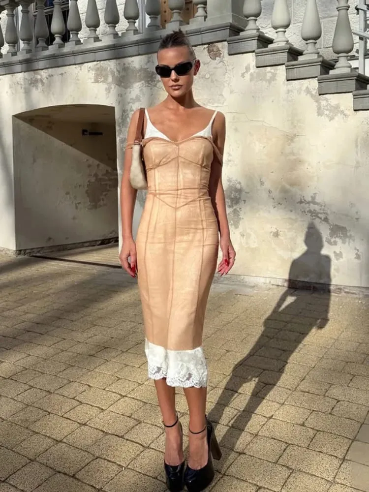 Sexy Sheer Mesh Overlay Midi Dress Women Sleeveless Waist Cinched Lace-trim Bodycon Sling Dress 2026 Lady Trendy Party Robe — image 1
