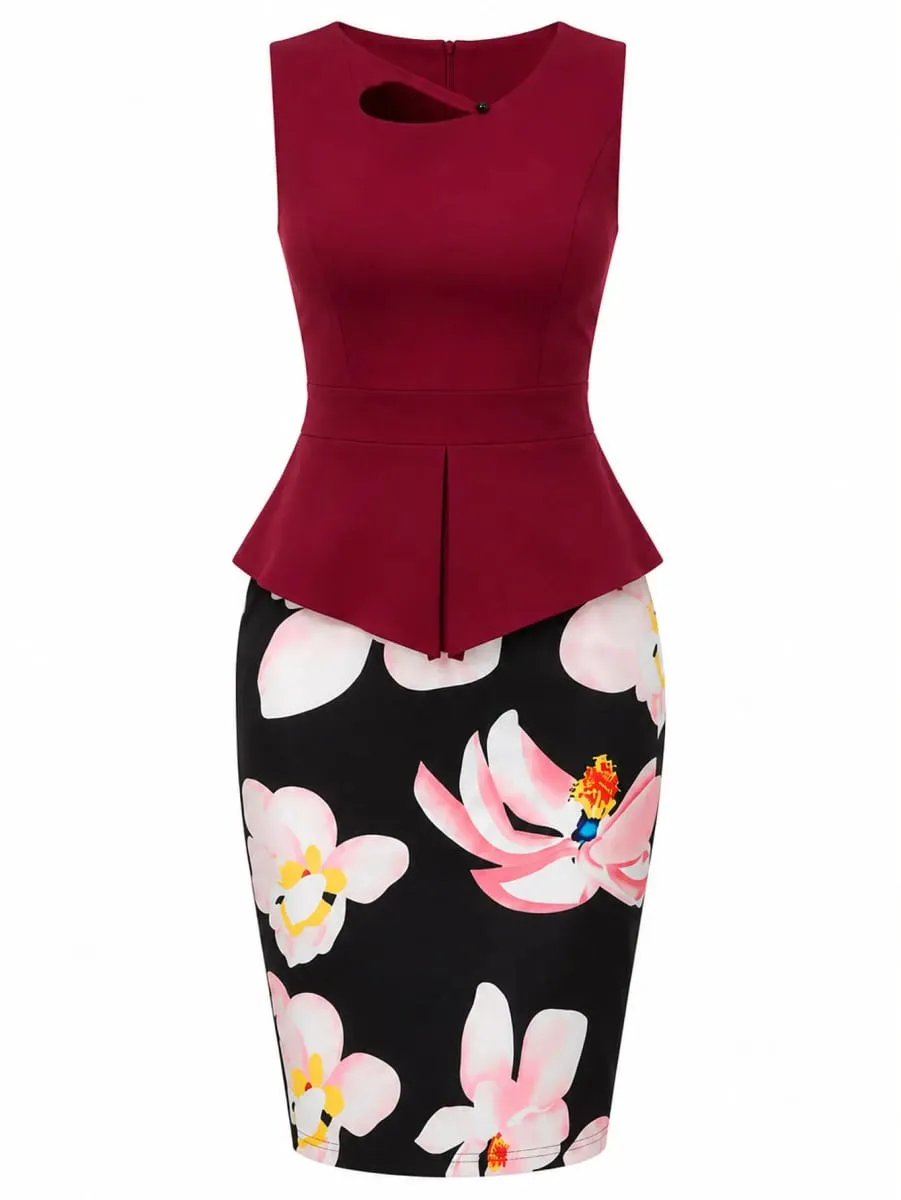 Women Elegant Sleeveless O-Neck Summer Cocktail Knee Length Outfit Floral Print Business Casual Pencil Bodycon Dress — image 5