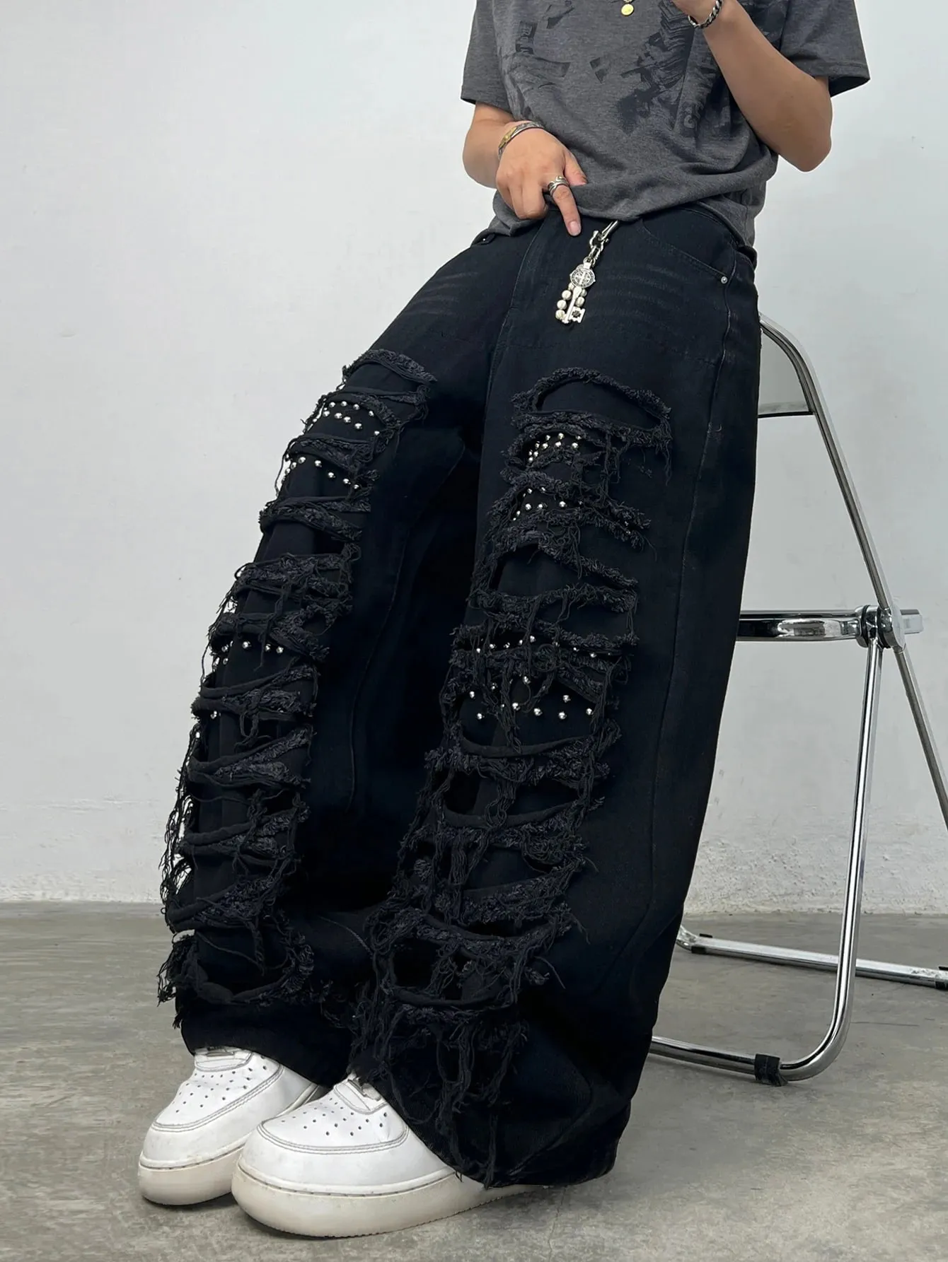 American High Street Double-Layer Patch Ripped Studded Design Black Men's Loose Jeans Y2K Street Hip-Hop Fashion Wide-Leg Pants
