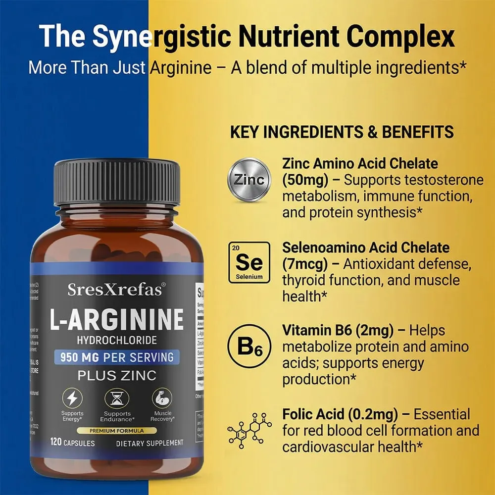 Men's L-Arginine 950mg Capsules - Supports Blood Circulation Workout Endurance & Muscle Growth Mercury for Adult 120 Capsules — image 4