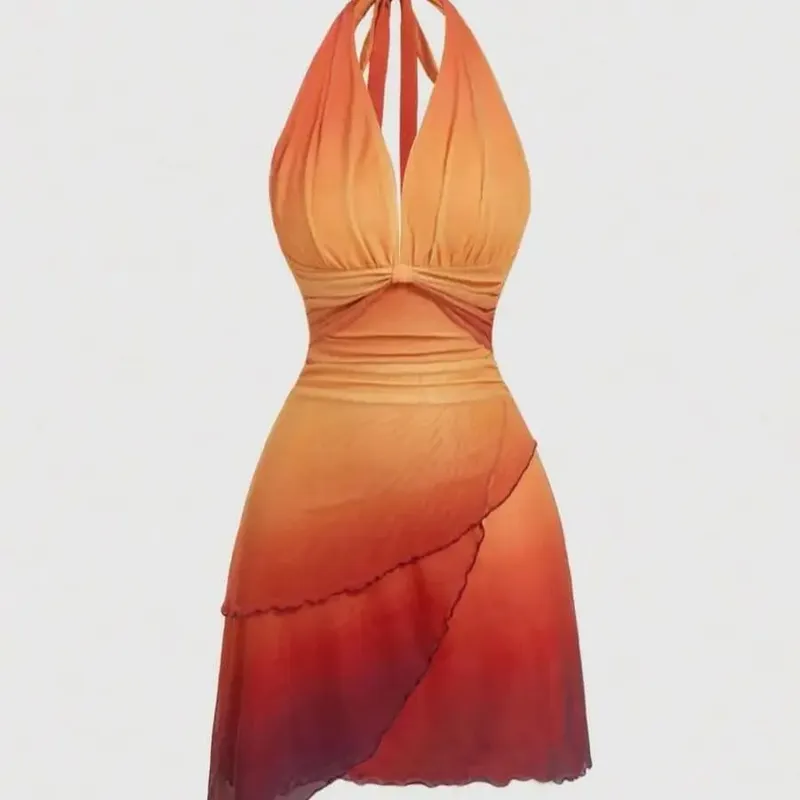 Gradient Bow Tie Strap Asymmetrical Backless Spaghetti Strap Dress