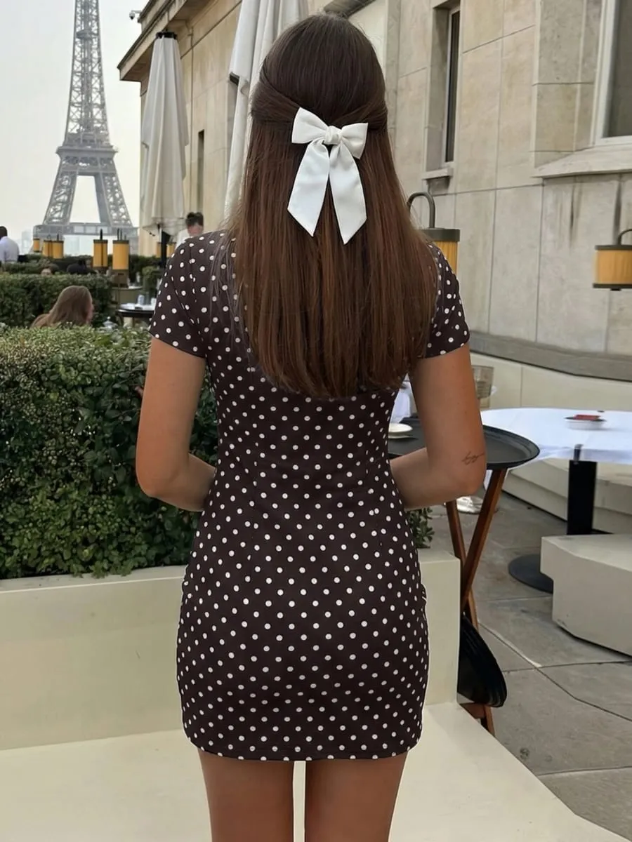 Dulzura Turtleneck Short Sleeve Lace Up Hollow Out Polka Dot Mini Dress Women'S Fashion Sexy Elegant Dress Party Vacation Outfit — image 5