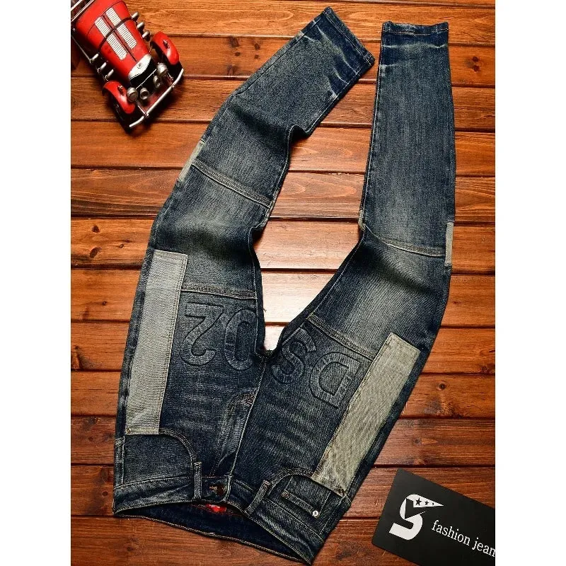 Fashionable high-end jeans for men slim fit small feet washed retro patchwork design trendy and luxurious men's pants — image 3