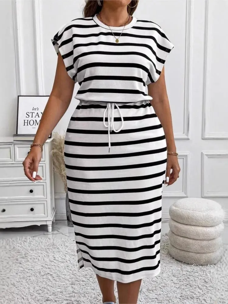 2025 Casual Striped Printed Short-sleeved Women's Dress Summer Fashion Cinched Waist Lace Up T Shirt Female Sports Dresses — image 2