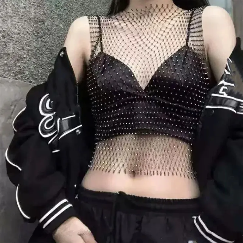 Summer Mesh See Through Vest for Women Sexy Shiny Rhinestone Fishnet Hollow Out Crop Top Beach Cover Up Party Club Tank Tops — image 2