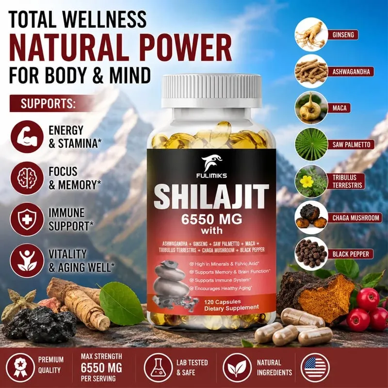 Shilajit 6550MG Capsules with Ashwagandha & Ginseng Supports Energy Stamina Immunity Brain Function & Healthy Aging